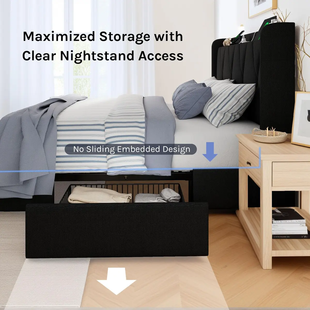 nesture. King Storage Bed Frame with 4 Large Drawers | Upholstered Button Headboard & Charging Station, Noise-Free, No Box Spring Needed - view 6