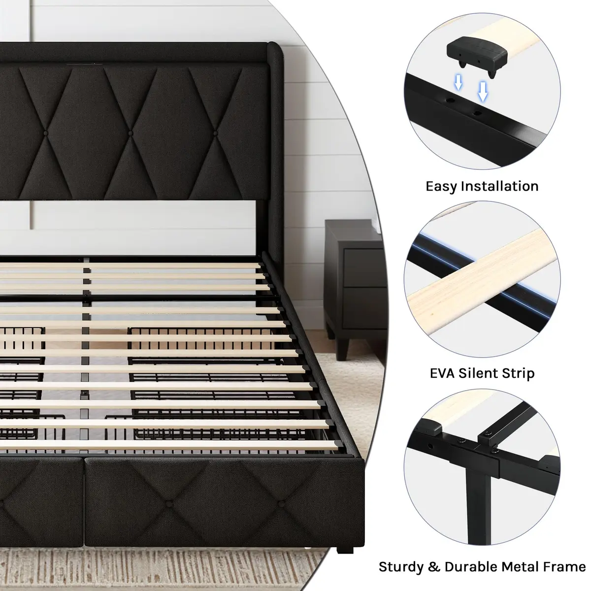 nesture. King Storage Bed Frame with 4 Large Drawers | Upholstered Button Headboard & Charging Station, Noise-Free, No Box Spring Needed - view 7