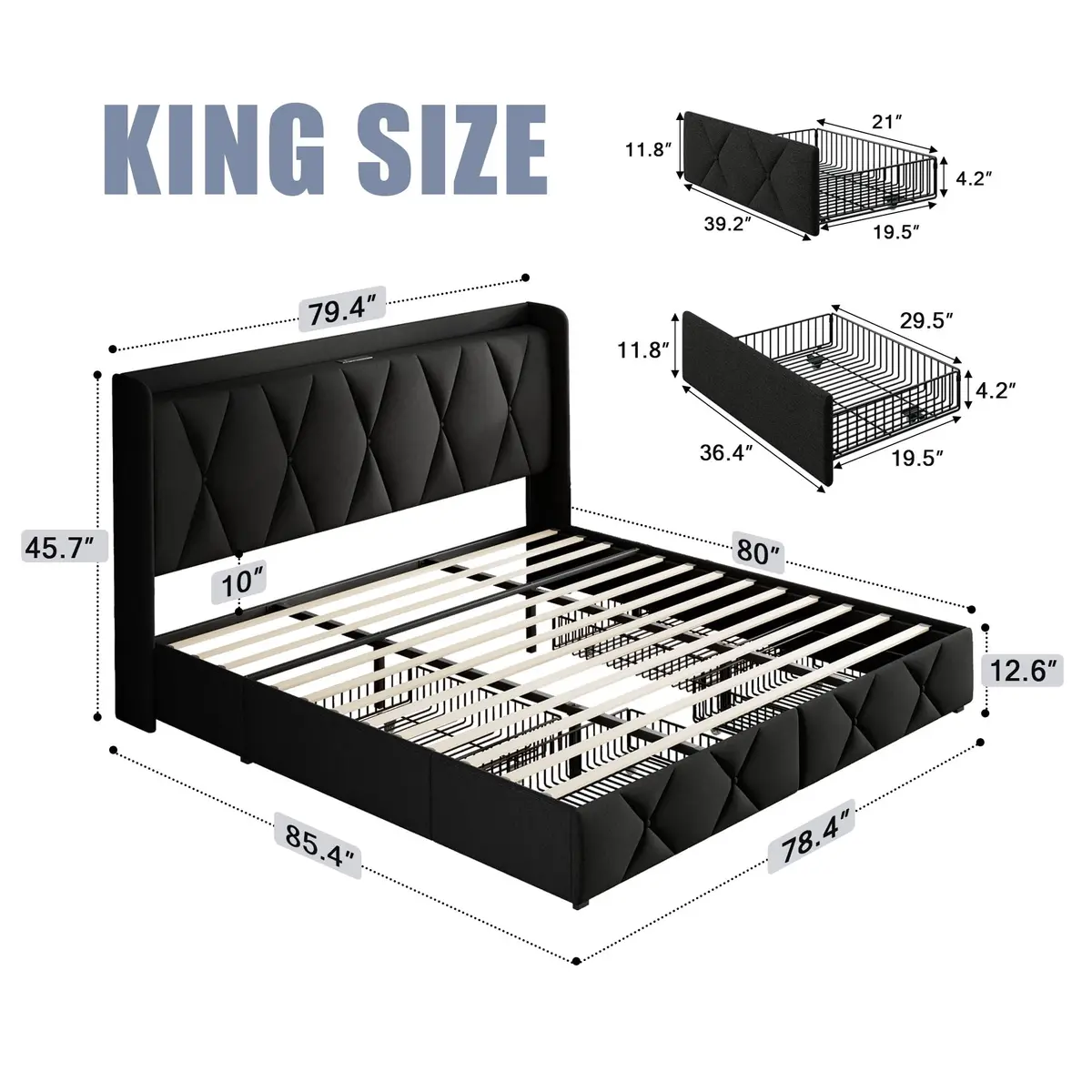 nesture. King Storage Bed Frame with 4 Large Drawers | Upholstered Button Headboard & Charging Station, Noise-Free, No Box Spring Needed - view 2