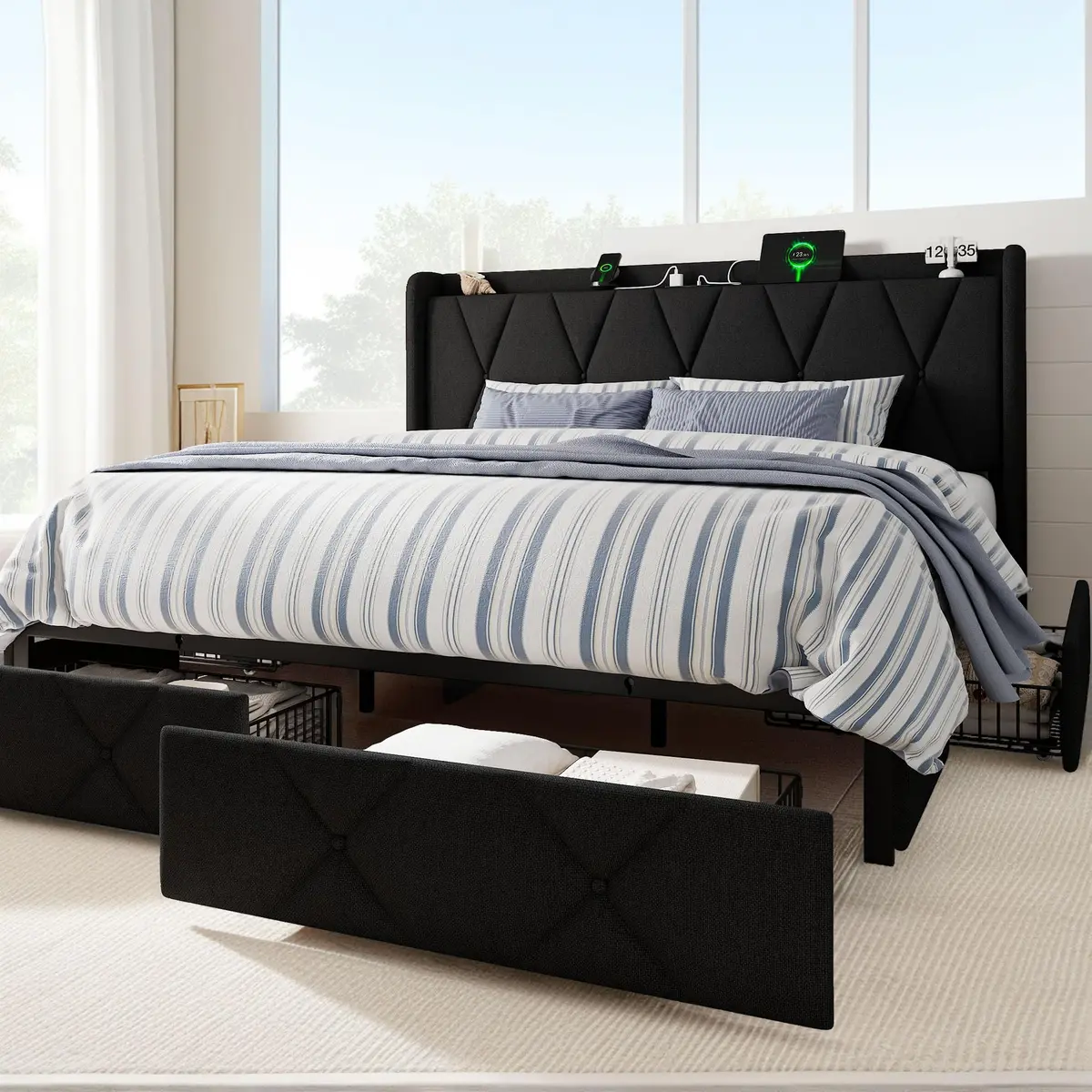 nesture. King Storage Bed Frame with 4 Large Drawers | Upholstered Button Headboard & Charging Station, Noise-Free, No Box Spring Needed - view 3