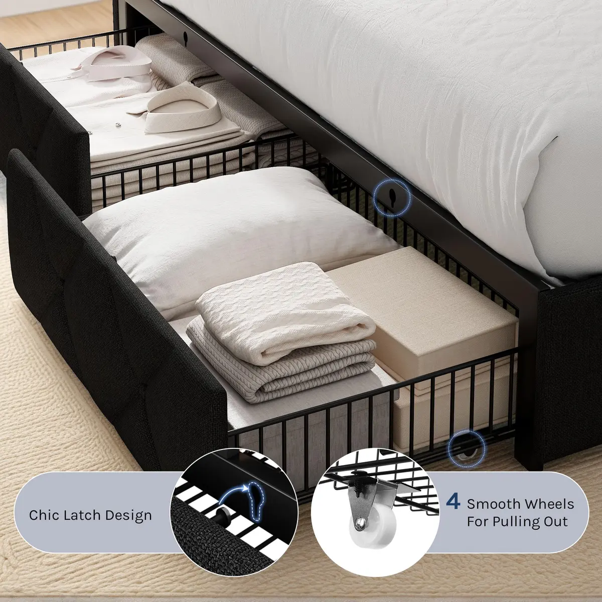 nesture. King Storage Bed Frame with 4 Large Drawers | Upholstered Button Headboard & Charging Station, Noise-Free, No Box Spring Needed - view 4