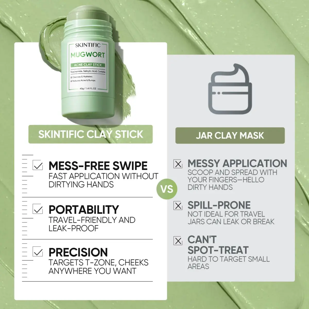 SKINTIFIC Mugwort Clay Stick Face Mask with Centella & Salicylic Acid | Calms Redness & Pores, 40g (1.41 Oz) - view 6