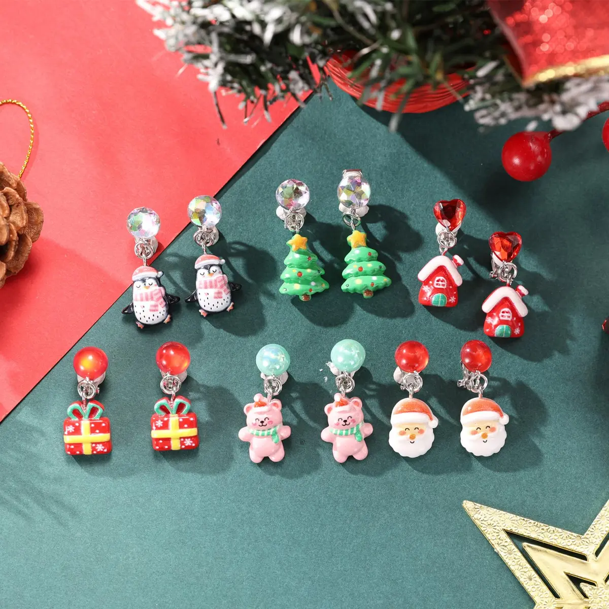 PinkSheep Christmas Clip On Earrings for Little Girls, 6 Pairs | Festive Non-Piercing Holiday Jewelry - view 5
