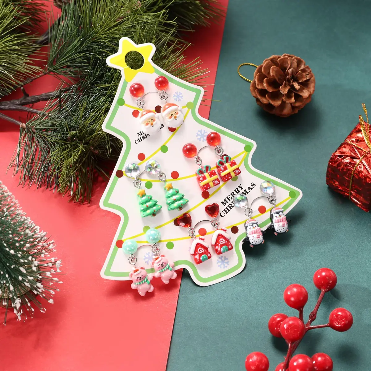 PinkSheep Christmas Clip On Earrings for Little Girls, 6 Pairs | Festive Non-Piercing Holiday Jewelry - view 4