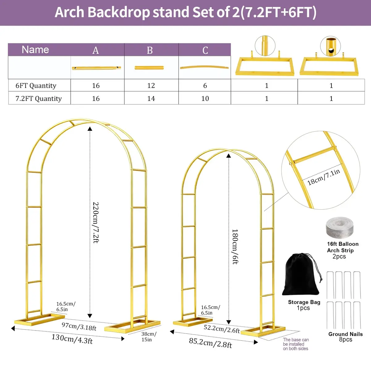 Nisoger Metal Wedding Arch 6 ft & 7.2 ft | Durable Steel Frame for Weddings & Events - view 4