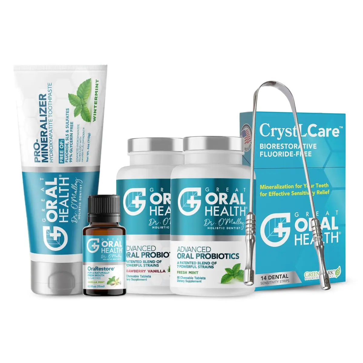 Great Oral Health 6-in-1 Dental Care Kit with Oral Probiotics & Nano Hydroxyapatite Toothpaste | 60 Tablets + 11% HA Toothpaste + Oil + Strips + Scraper - main product image