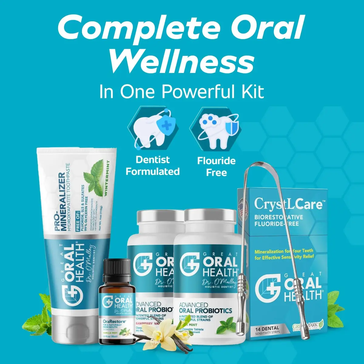 Great Oral Health 6-in-1 Dental Care Kit with Oral Probiotics & Nano Hydroxyapatite Toothpaste | 60 Tablets + 11% HA Toothpaste + Oil + Strips + Scraper - view 2