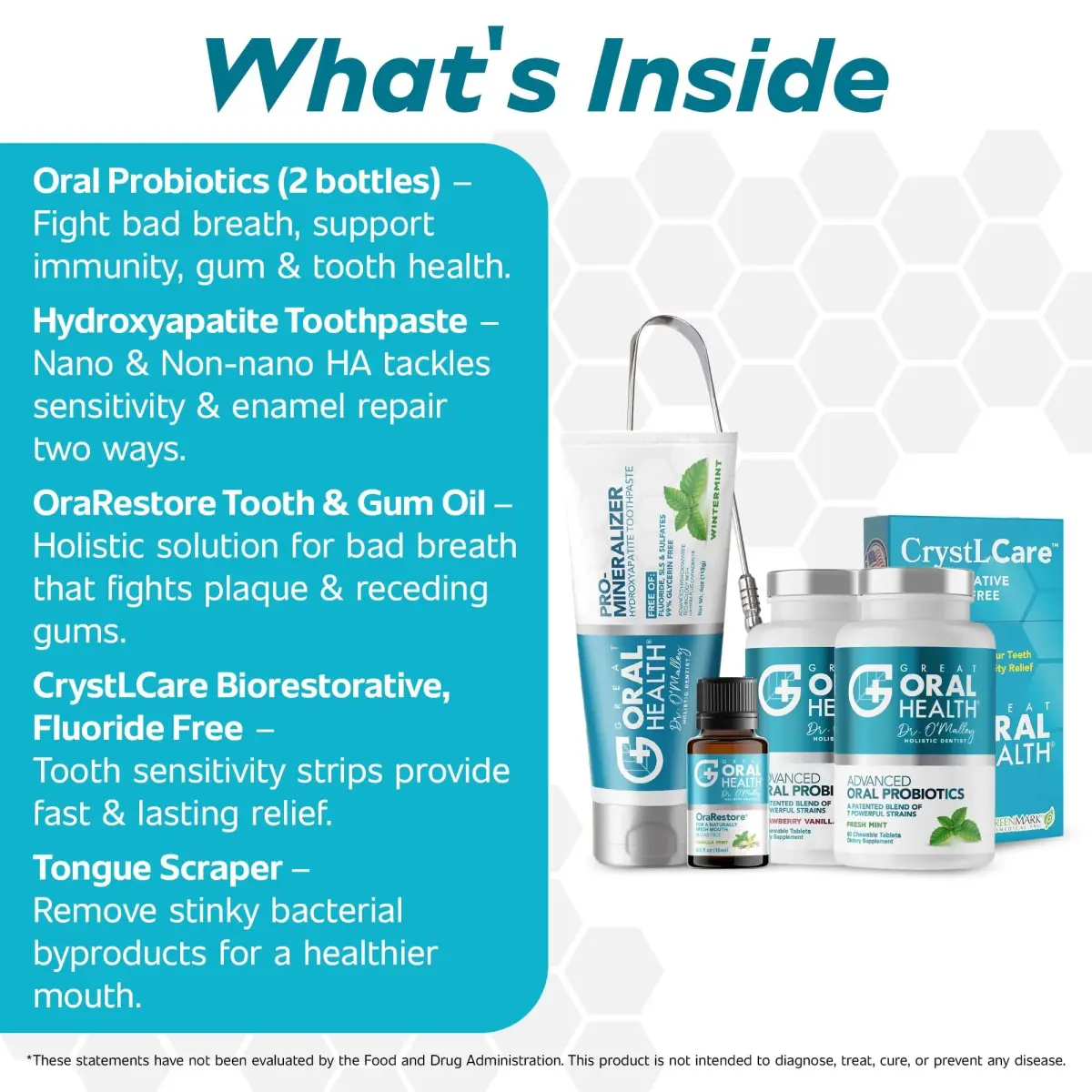 Great Oral Health 6-in-1 Dental Care Kit with Oral Probiotics & Nano Hydroxyapatite Toothpaste | 60 Tablets + 11% HA Toothpaste + Oil + Strips + Scraper - view 3