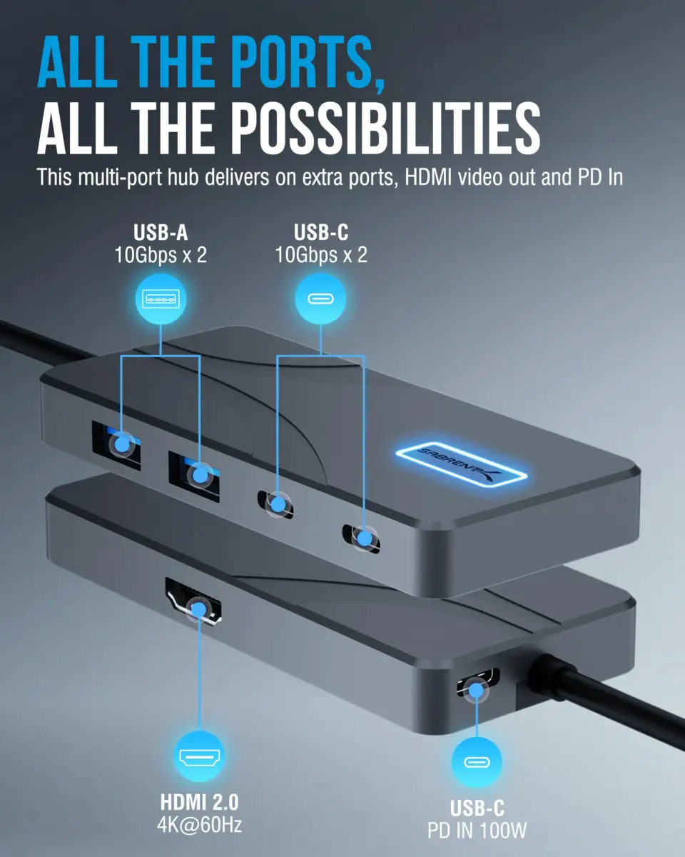 Sabrent USB-C Hub 5-in-1 (HB-TG5P) — 10Gbps, 4K@60Hz HDMI, 80W PD Charging, 2x USB-A, 2x USB-C - view 2
