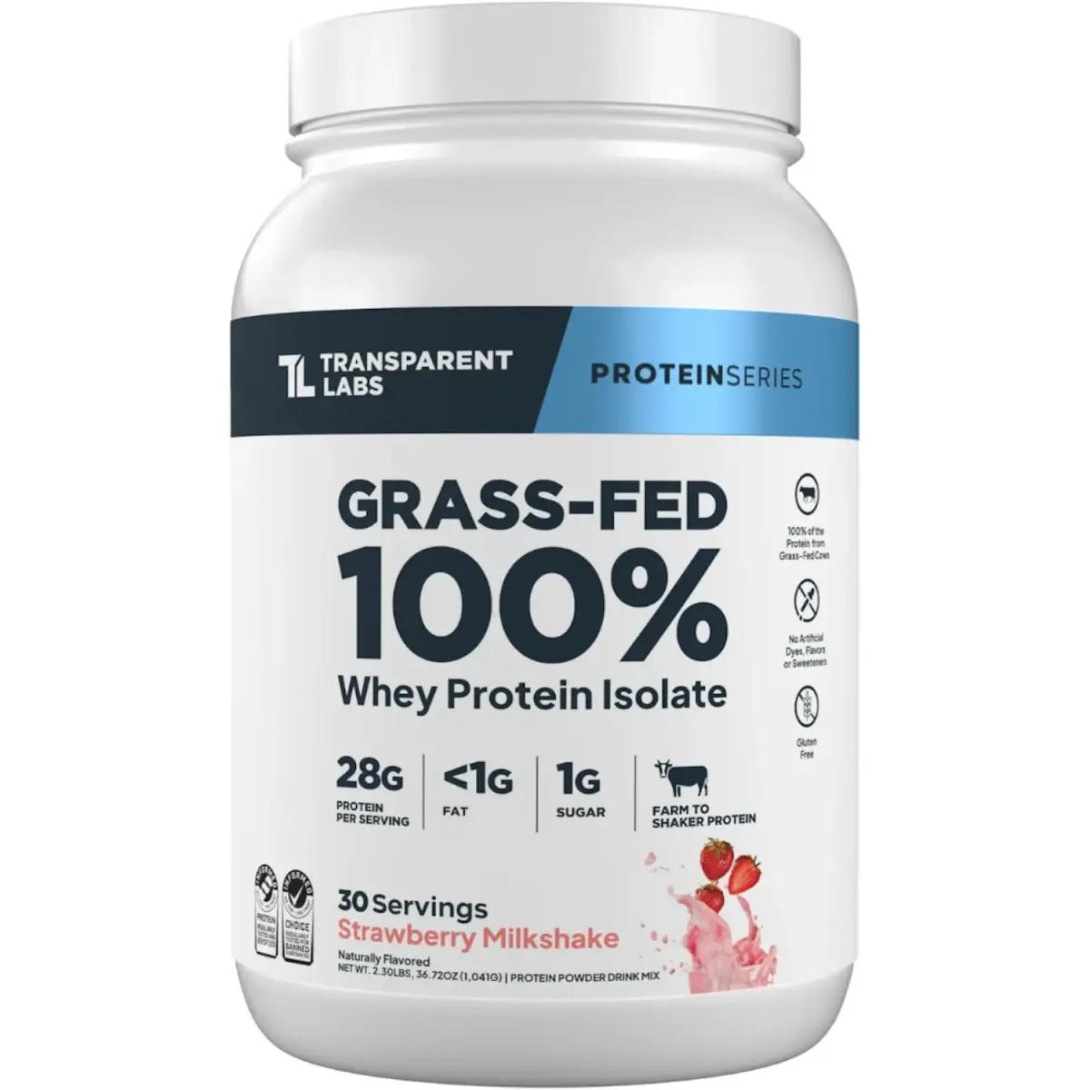 Transparent Labs Grass-Fed Whey Protein Isolate Strawberry Milkshake 1.04 kg (2.3 lb) | 28g Protein Per Serving - main product image