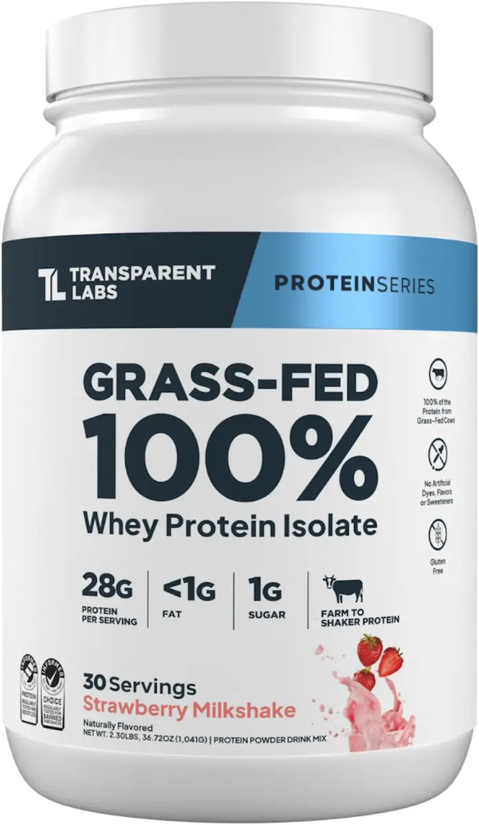 Transparent Labs Grass-Fed Whey Protein Isolate Strawberry Milkshake 1.04 kg (2.3 lb) | 28g Protein Per Serving - main product image