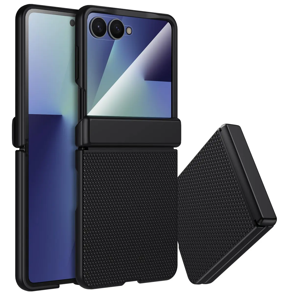 spoovcto for Samsung Galaxy Z-Flip-7 Case: Non-slip Grip 3D Texture & Magnetic Hinge, 9H Glass Screen Protector, Shockproof TPU Cover, Black - main product image