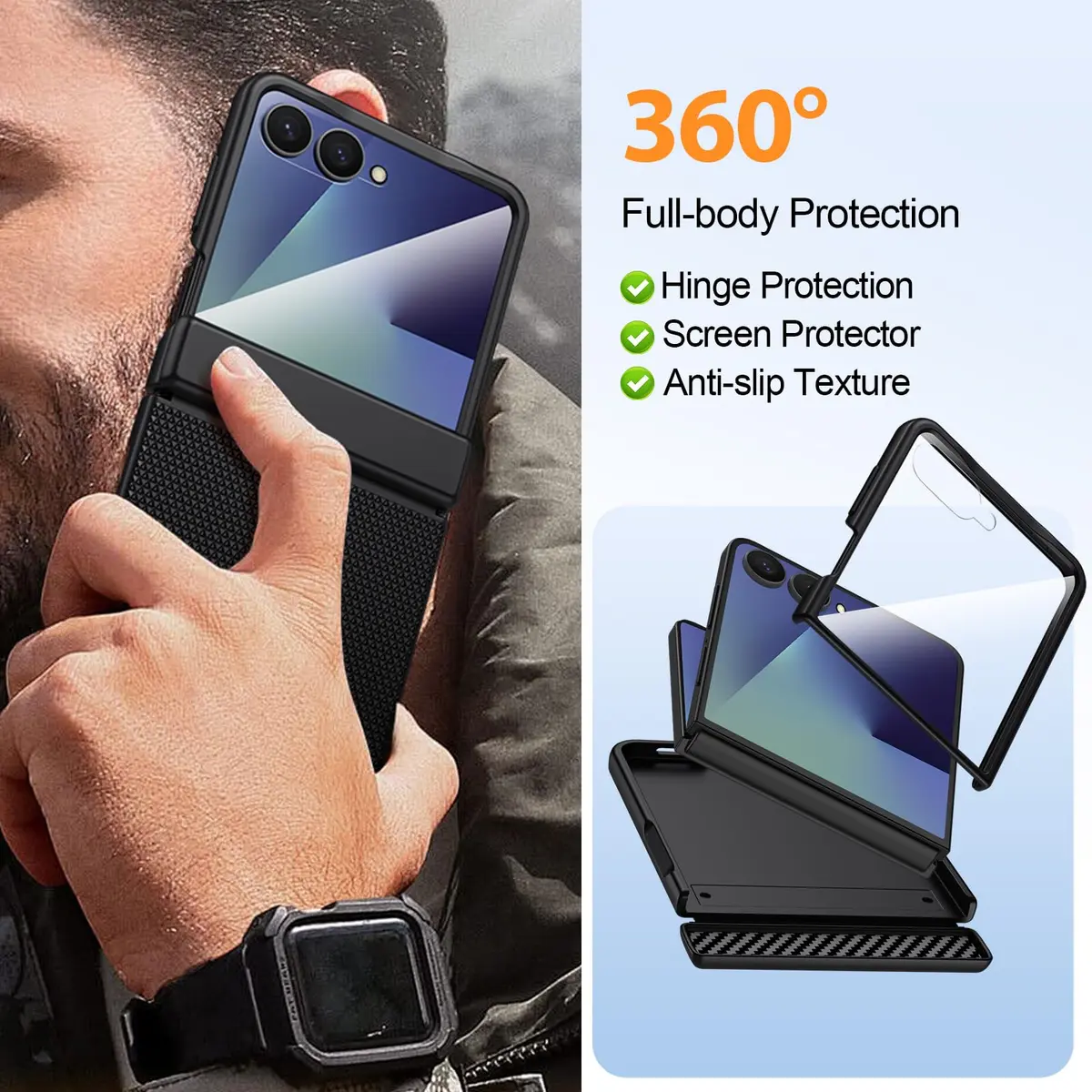 spoovcto for Samsung Galaxy Z-Flip-7 Case: Non-slip Grip 3D Texture & Magnetic Hinge, 9H Glass Screen Protector, Shockproof TPU Cover, Black - view 7