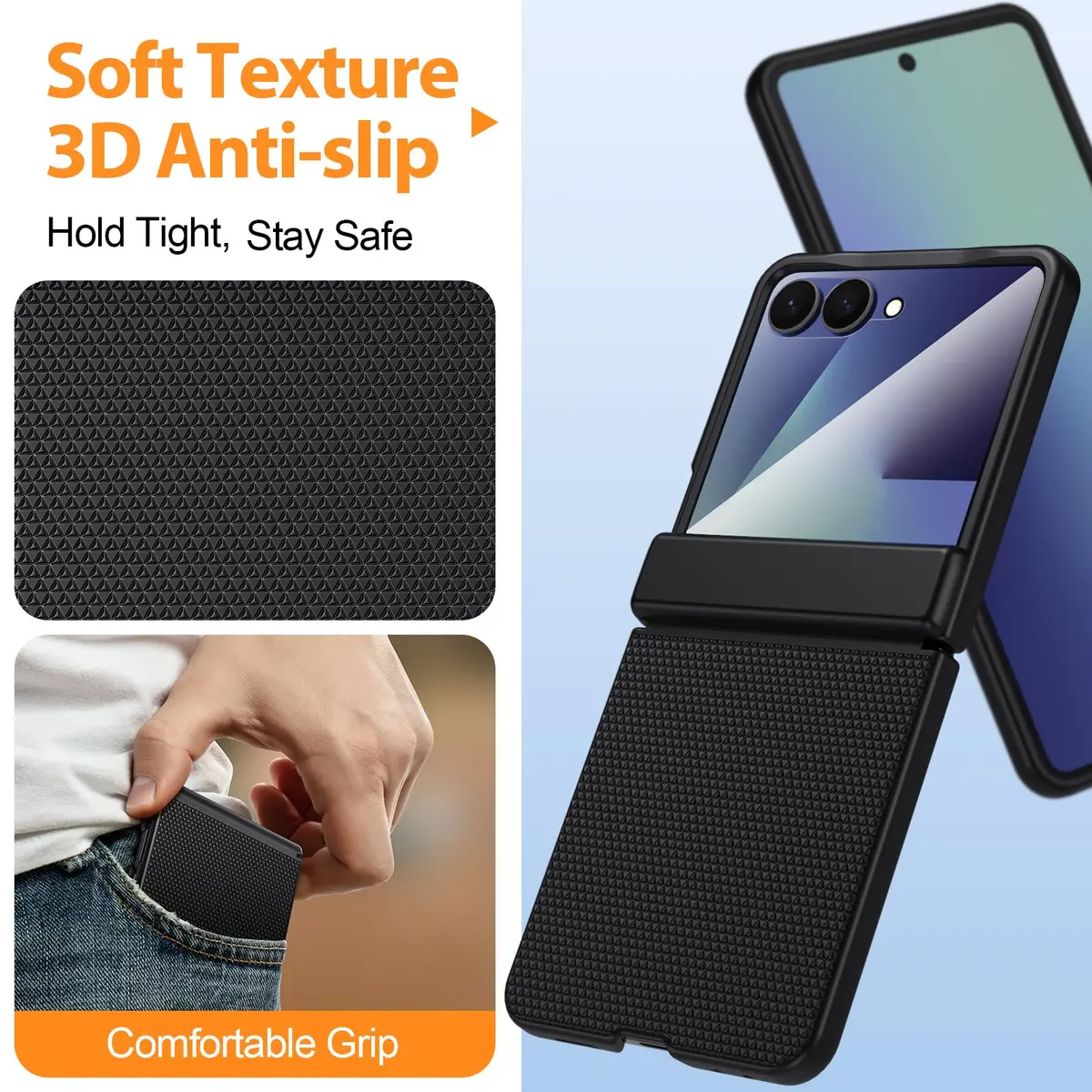 spoovcto for Samsung Galaxy Z-Flip-7 Case: Non-slip Grip 3D Texture & Magnetic Hinge, 9H Glass Screen Protector, Shockproof TPU Cover, Black - view 2