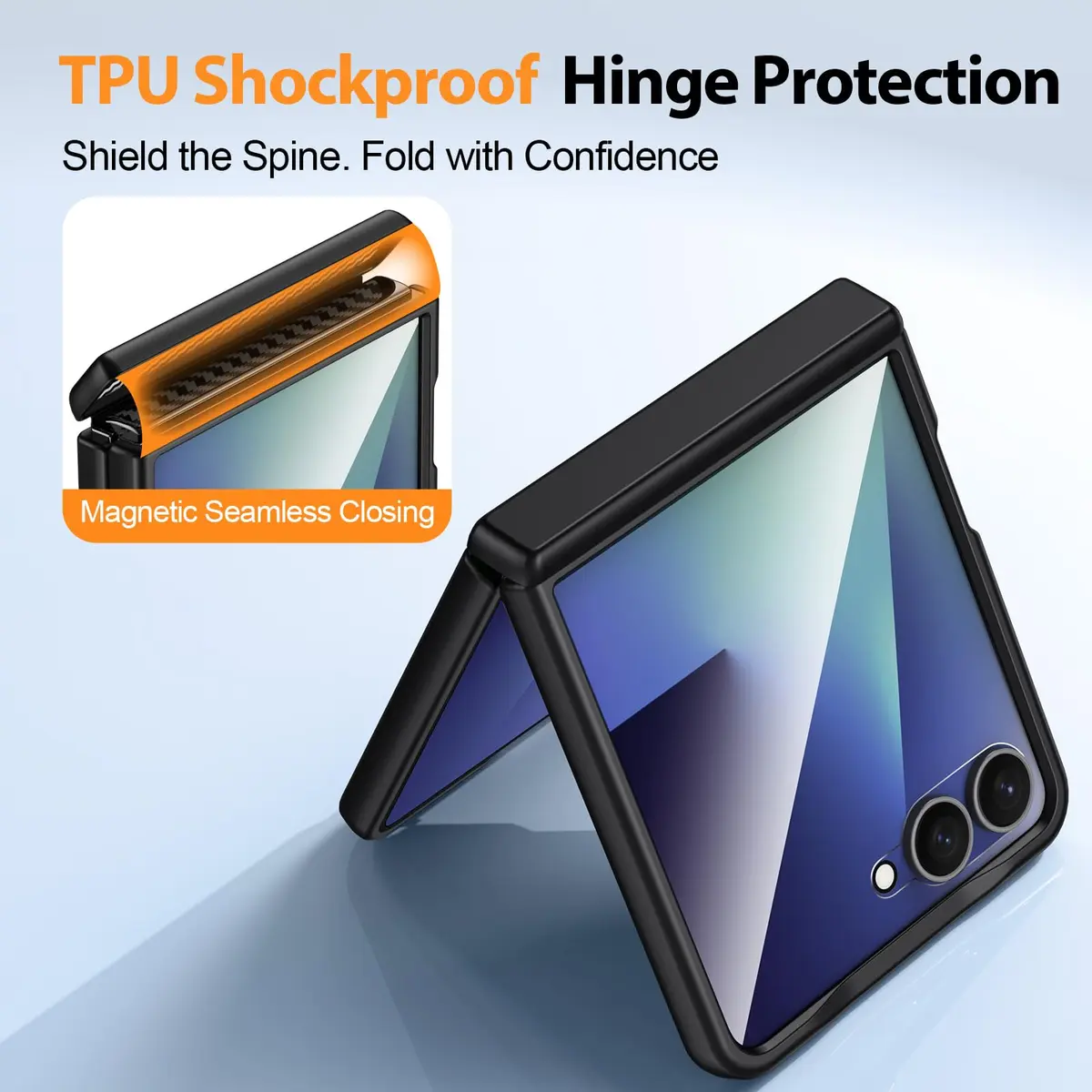 spoovcto for Samsung Galaxy Z-Flip-7 Case: Non-slip Grip 3D Texture & Magnetic Hinge, 9H Glass Screen Protector, Shockproof TPU Cover, Black - view 3
