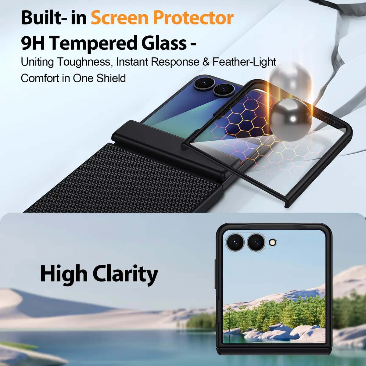 spoovcto for Samsung Galaxy Z-Flip-7 Case: Non-slip Grip 3D Texture & Magnetic Hinge, 9H Glass Screen Protector, Shockproof TPU Cover, Black - view 4