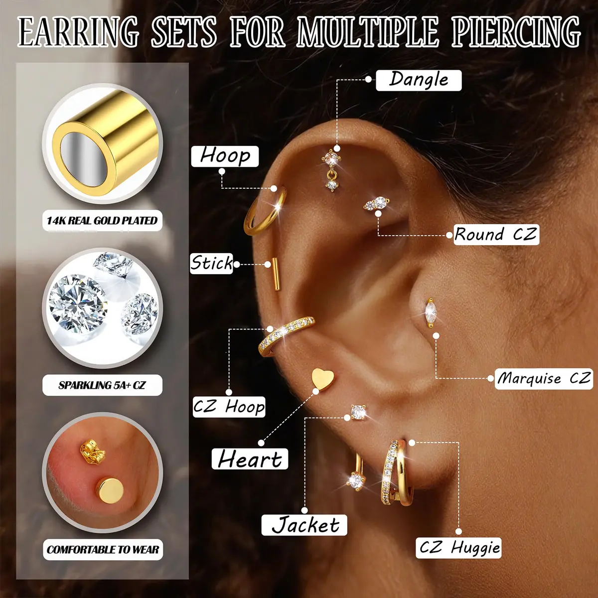 Dochais Gold Cartilage Earrings for Women Hypoallergenic Surgical Steel | Trendy & Safe (70-120 chars) - view 2
