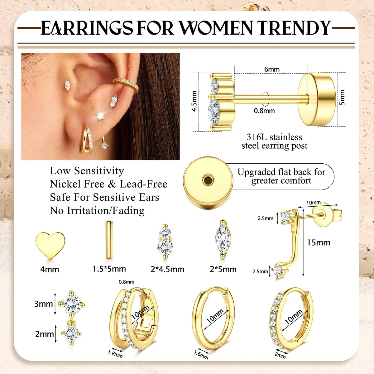 Dochais Gold Cartilage Earrings for Women Hypoallergenic Surgical Steel | Trendy & Safe (70-120 chars) - view 3