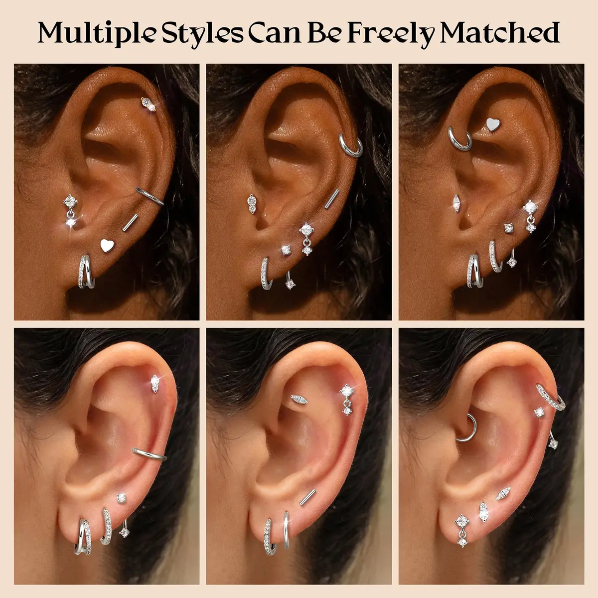Dochais Silver Cartilage Earrings for Women Trendy Hypoallergenic Surgical Steel | Comfortable, Low Sensitivity, 9-Pair Set - view 5