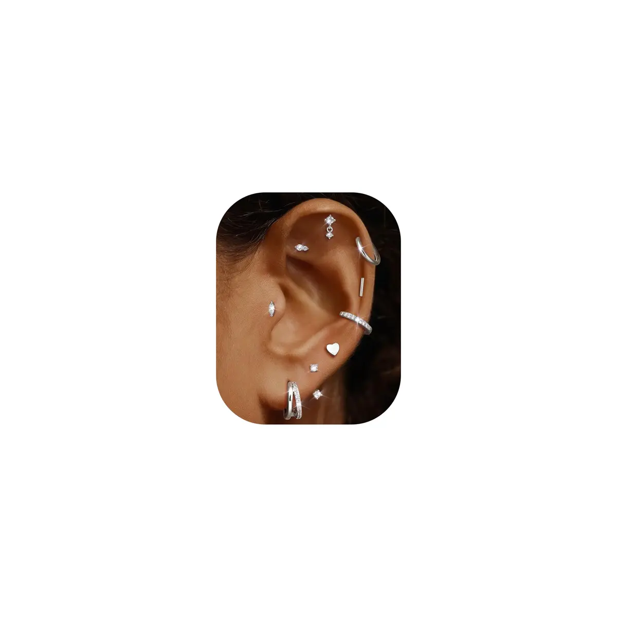 Dochais Silver Cartilage Earrings for Women Trendy Hypoallergenic Surgical Steel | Comfortable, Low Sensitivity, 9-Pair Set - main product image