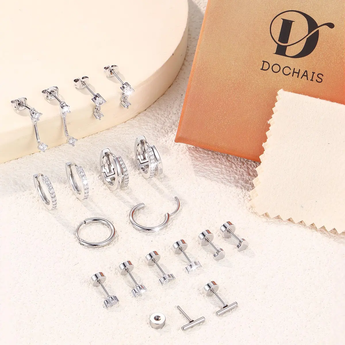 Dochais Silver Cartilage Earrings for Women Trendy Hypoallergenic Surgical Steel | Comfortable, Low Sensitivity, 9-Pair Set - view 7