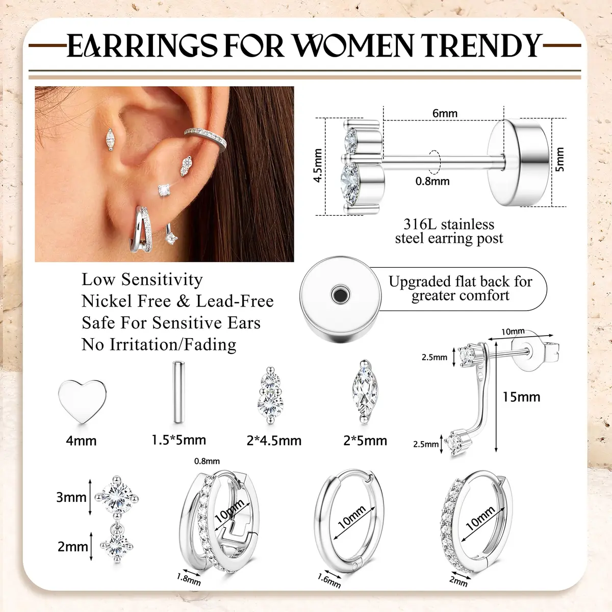 Dochais Silver Cartilage Earrings for Women Trendy Hypoallergenic Surgical Steel | Comfortable, Low Sensitivity, 9-Pair Set - view 3