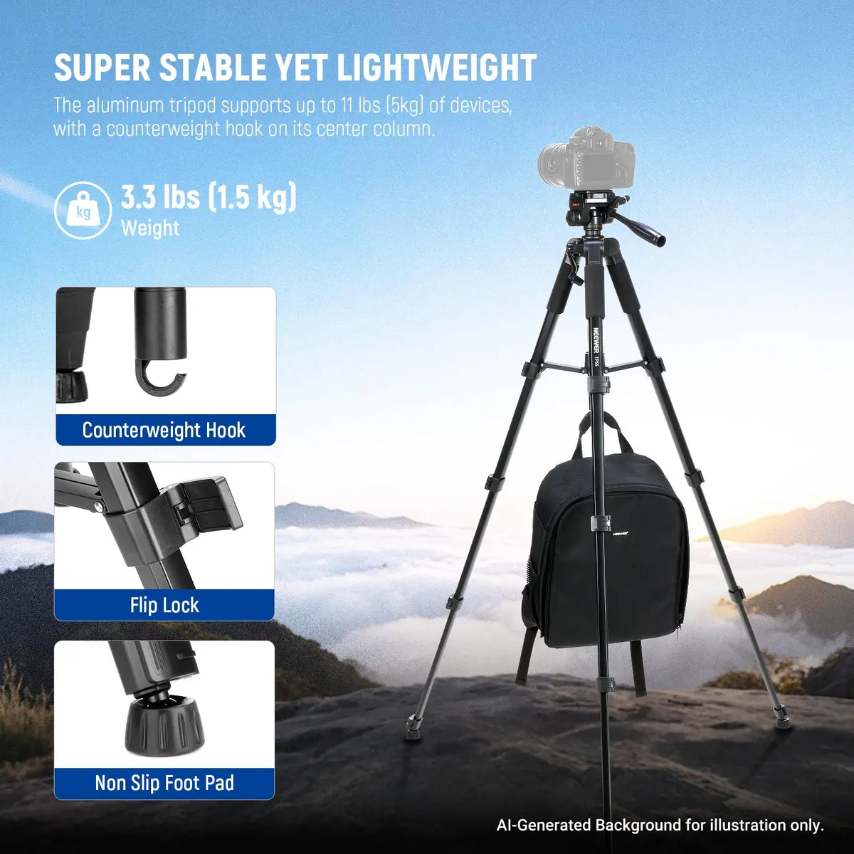 NEEWER Camera Tripod 71'' | Aluminum Lightweight Travel Stand with 3-Way Head - view 4
