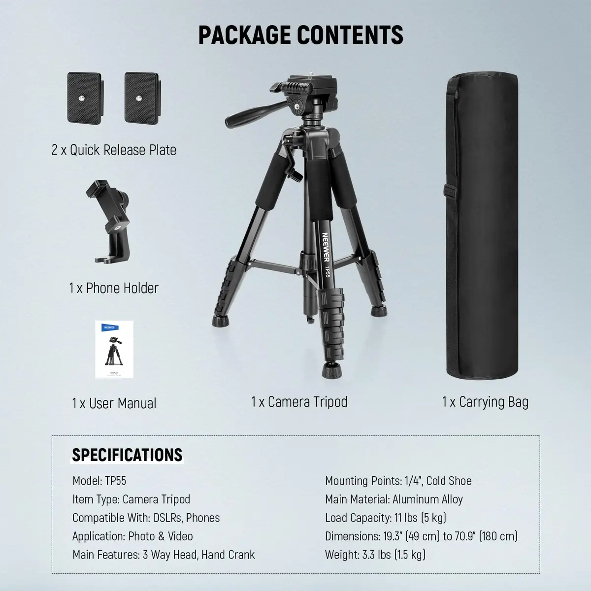 NEEWER Camera Tripod 71'' | Aluminum Lightweight Travel Stand with 3-Way Head - view 8