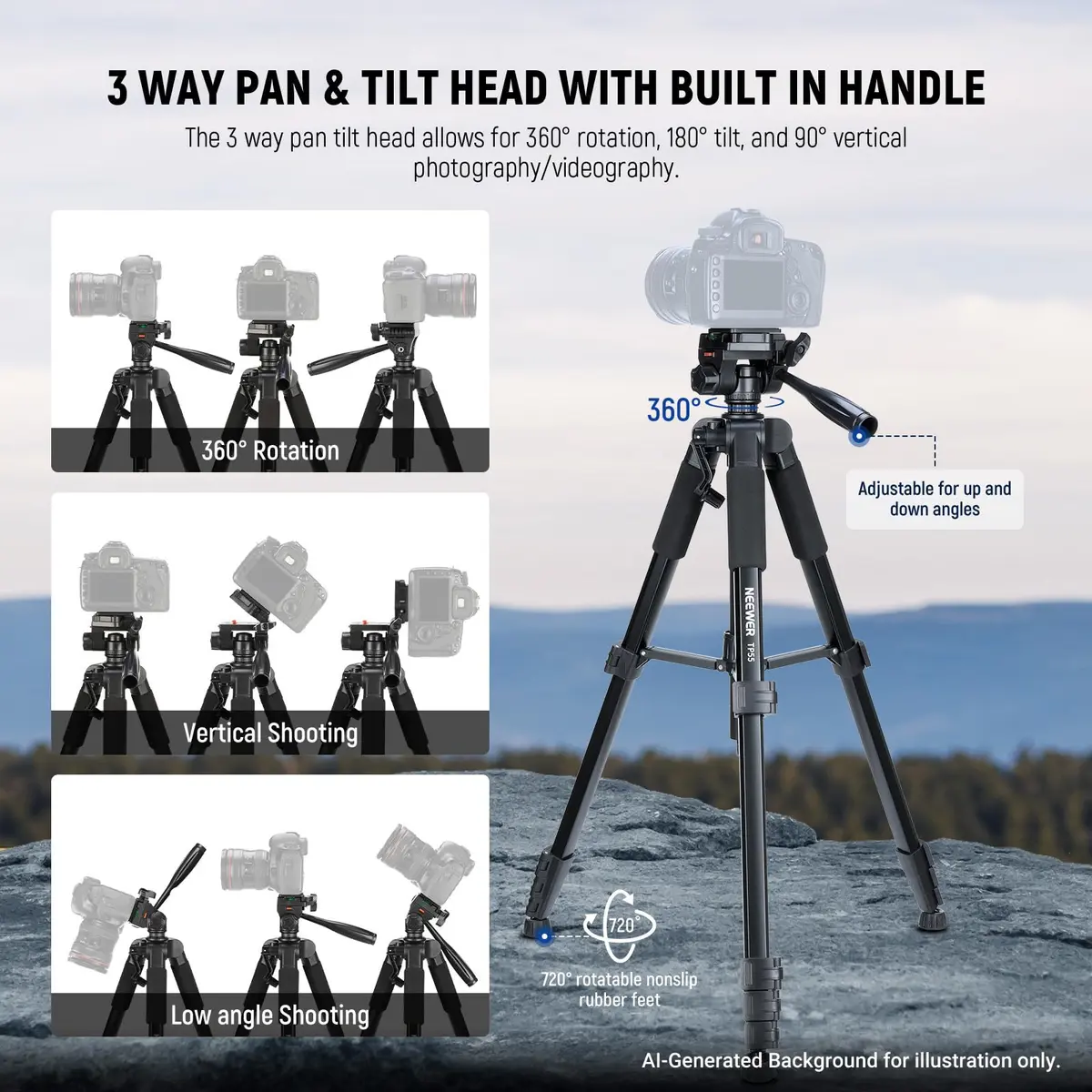 NEEWER Camera Tripod 71'' | Aluminum Lightweight Travel Stand with 3-Way Head - view 3