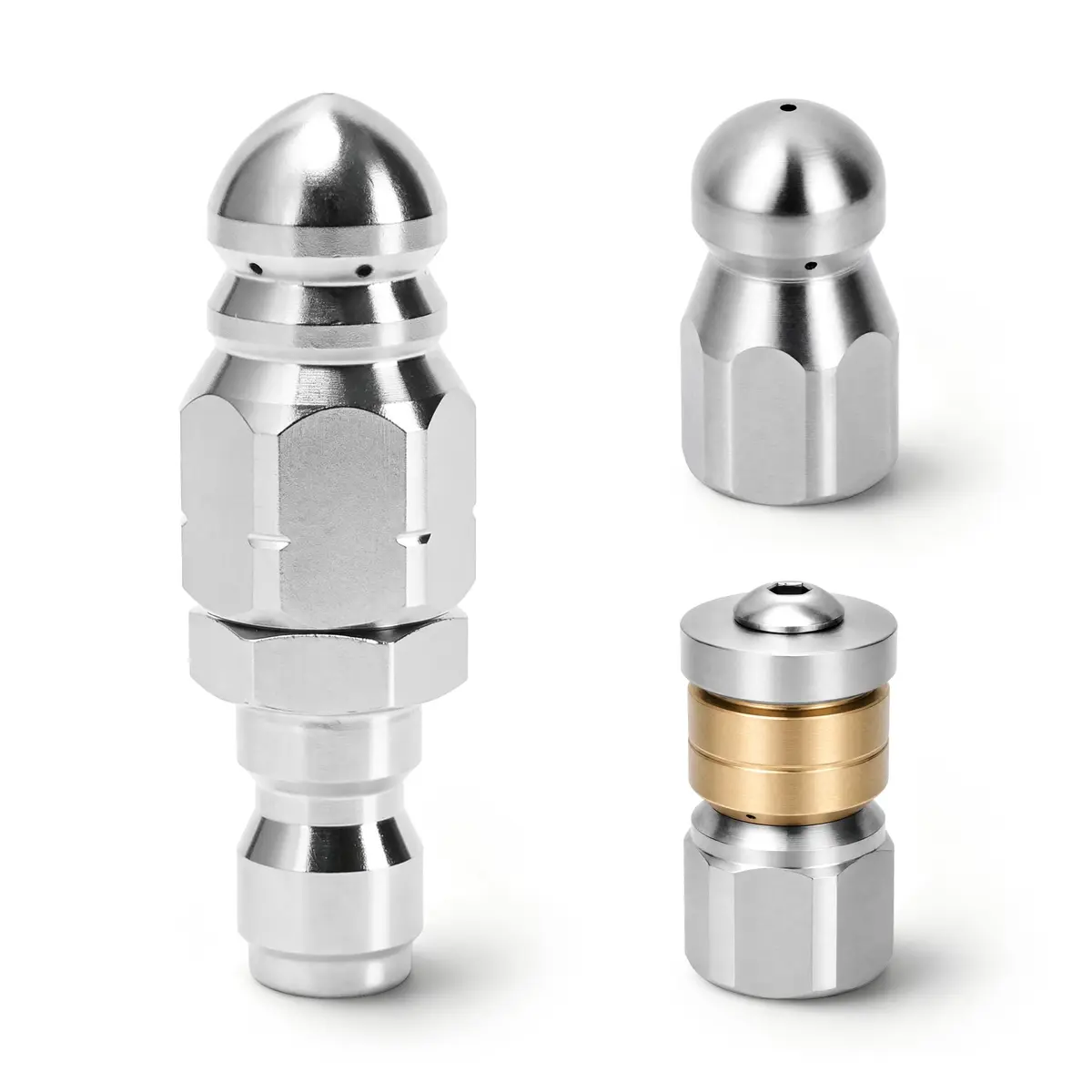 Javneo Sewer Jetter Nozzle Kit 3-Pack Stainless Steel with Rotating, Button Nose, Fixed Models, 1/4” Quick Connect, Up to 5000 PSI - main product image