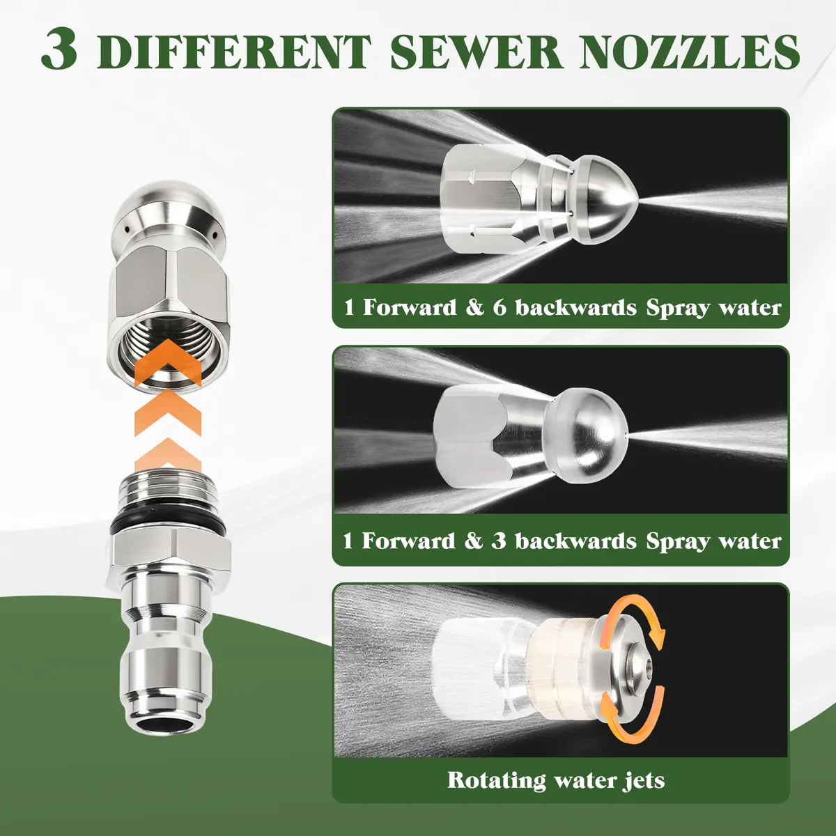 Javneo Sewer Jetter Nozzle Kit 3-Pack Stainless Steel with Rotating, Button Nose, Fixed Models, 1/4” Quick Connect, Up to 5000 PSI - view 5