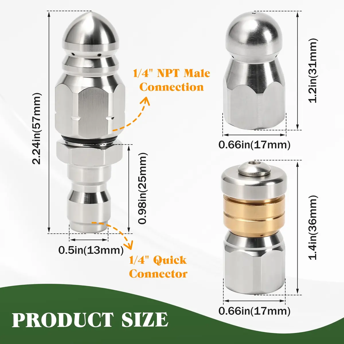 Javneo Sewer Jetter Nozzle Kit 3-Pack Stainless Steel with Rotating, Button Nose, Fixed Models, 1/4” Quick Connect, Up to 5000 PSI - view 8