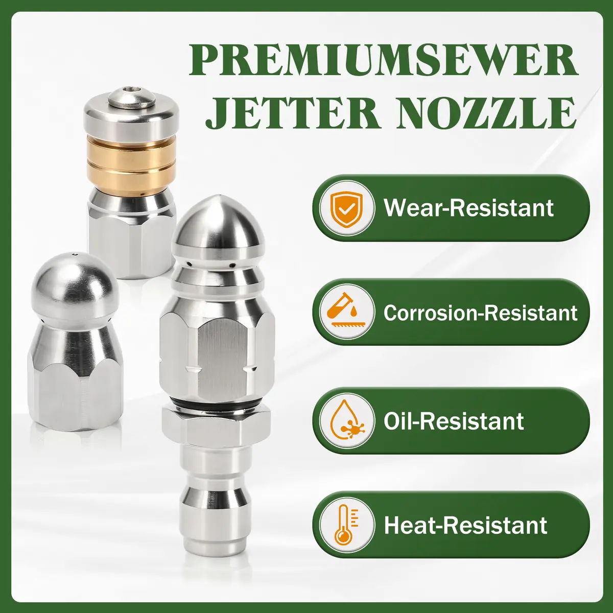 Javneo Sewer Jetter Nozzle Kit 3-Pack Stainless Steel with Rotating, Button Nose, Fixed Models, 1/4” Quick Connect, Up to 5000 PSI - view 2