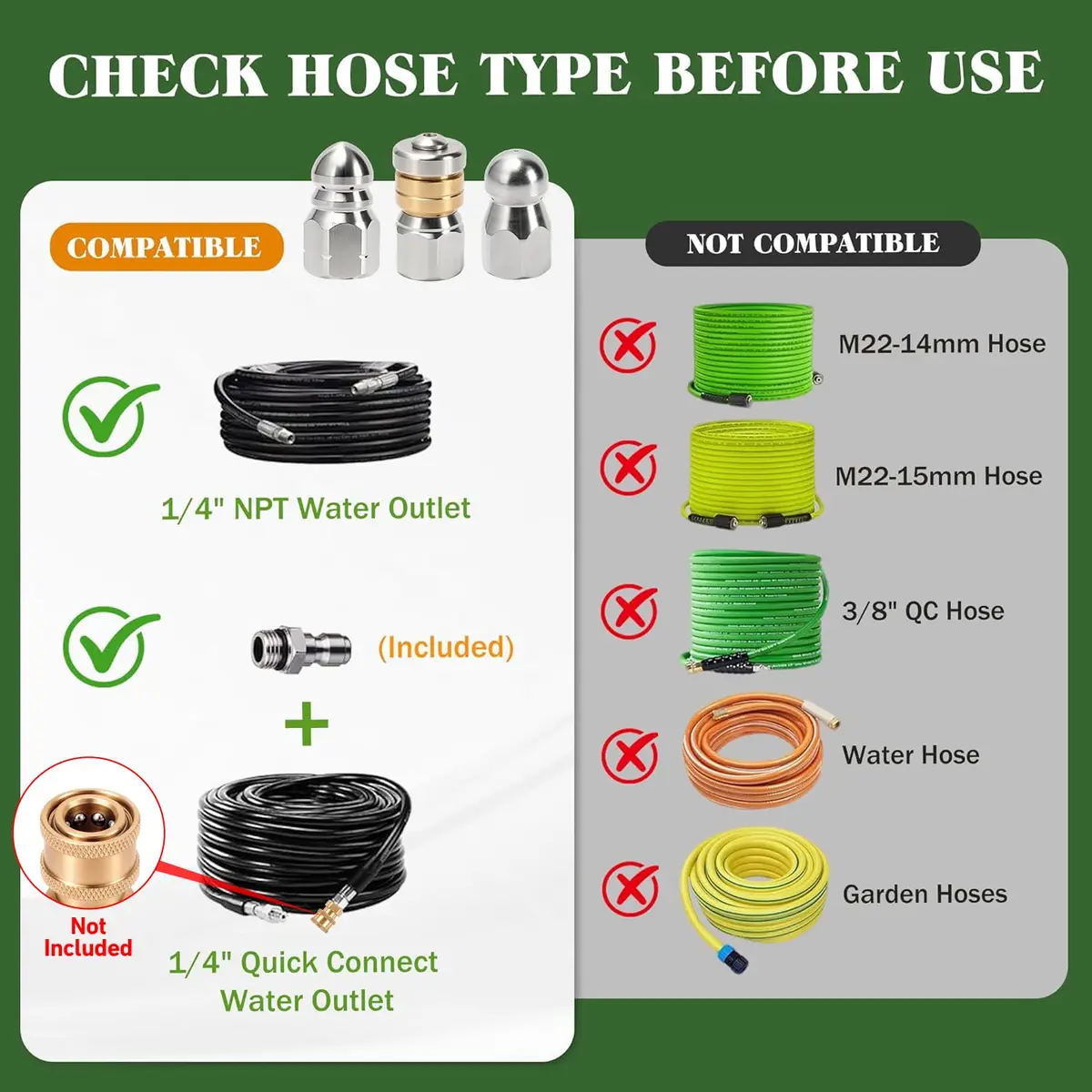 Javneo Sewer Jetter Nozzle Kit 3-Pack Stainless Steel with Rotating, Button Nose, Fixed Models, 1/4” Quick Connect, Up to 5000 PSI - view 3