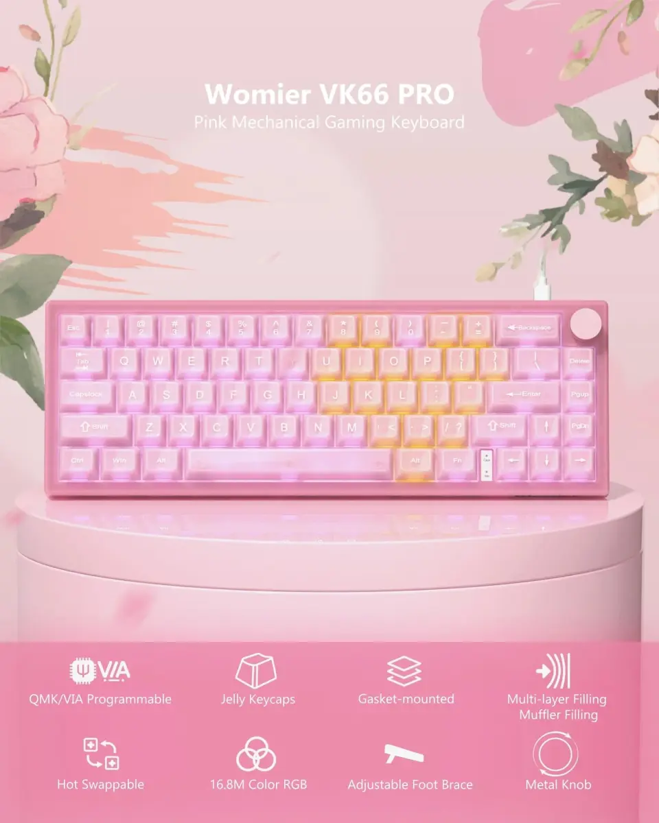 Womier 60% Mechanical Keyboard Pink | QMK/VIA Hot Swappable Gasket Mount RGB Wired Gaming Keyboard with POM Linear Switches (VK66 PRO-Jelly) - view 5