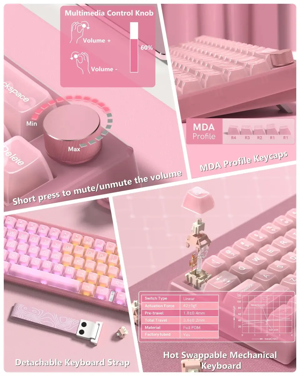 Womier 60% Mechanical Keyboard Pink | QMK/VIA Hot Swappable Gasket Mount RGB Wired Gaming Keyboard with POM Linear Switches (VK66 PRO-Jelly) - view 4