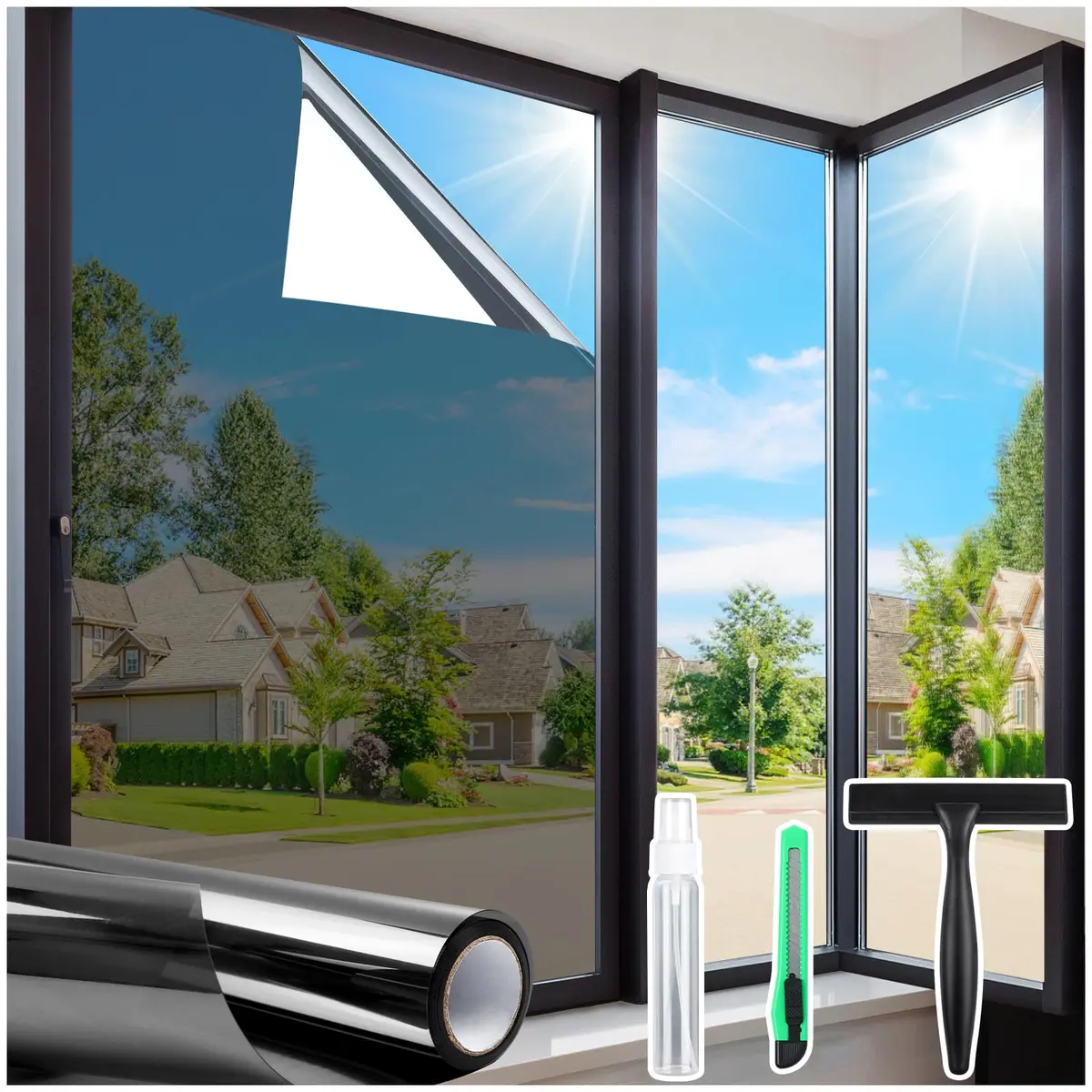 Homein Window Tint for Home with Tools, Black Silver | Static Cling, UV & Heat Reflective Film (23.6" x 157.4") - main product image