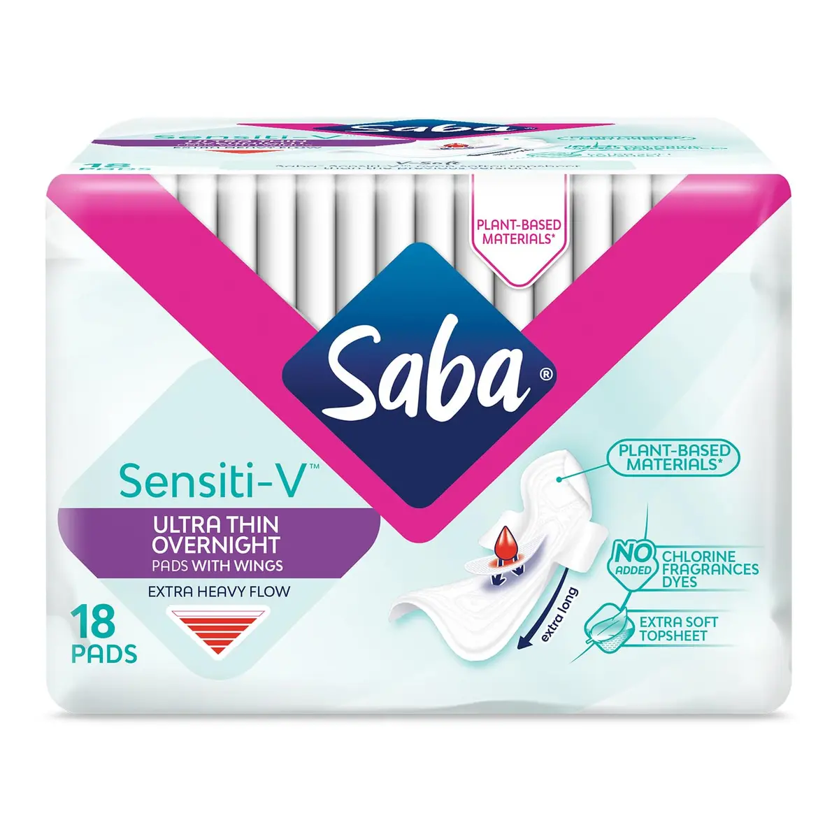 Saba Sensiti-V Ultra Thin Overnight Pads with Wings | Unscented, Sensitive Skin Friendly, 72 Pads - main product image