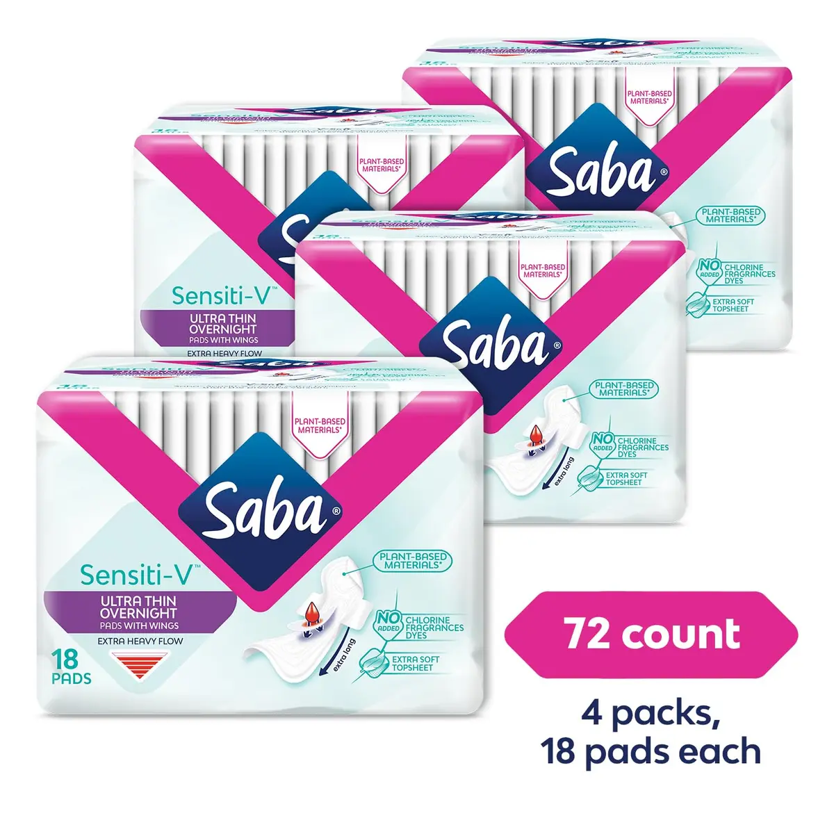 Saba Sensiti-V Ultra Thin Overnight Pads with Wings | Unscented, Sensitive Skin Friendly, 72 Pads - view 2