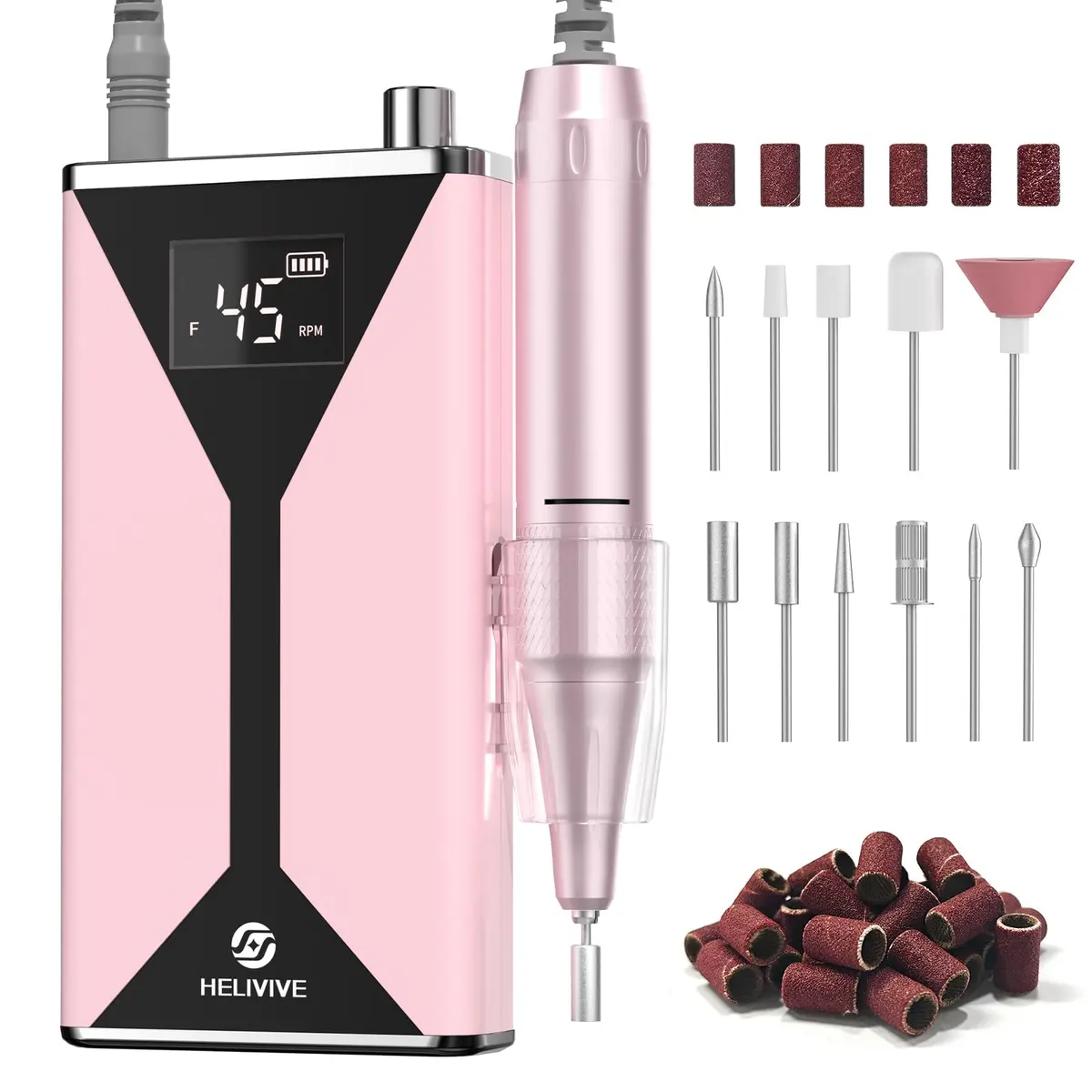HELIVIVE Professional Electric Nail Drill 45000RPM Cordless Nail File | Portable & Rechargeable, 11 Drill Bits, for Shaping, Polishing & Removing Gel Nails for Salon Home (Pink) - main product image