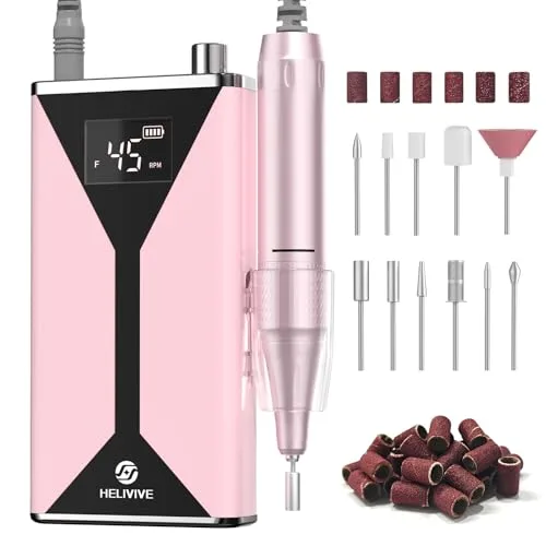 HELIVIVE Professional Electric Nail Drill 45000RPM Pink | Powerful & Portable Cordless Nail File - main product image