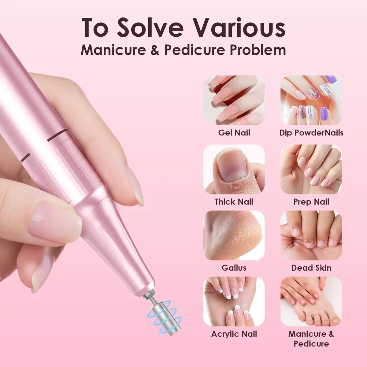 HELIVIVE Professional Electric Nail Drill 45000RPM Cordless Nail File | Portable & Rechargeable, 11 Drill Bits, for Shaping, Polishing & Removing Gel Nails for Salon Home (Pink) - view 5