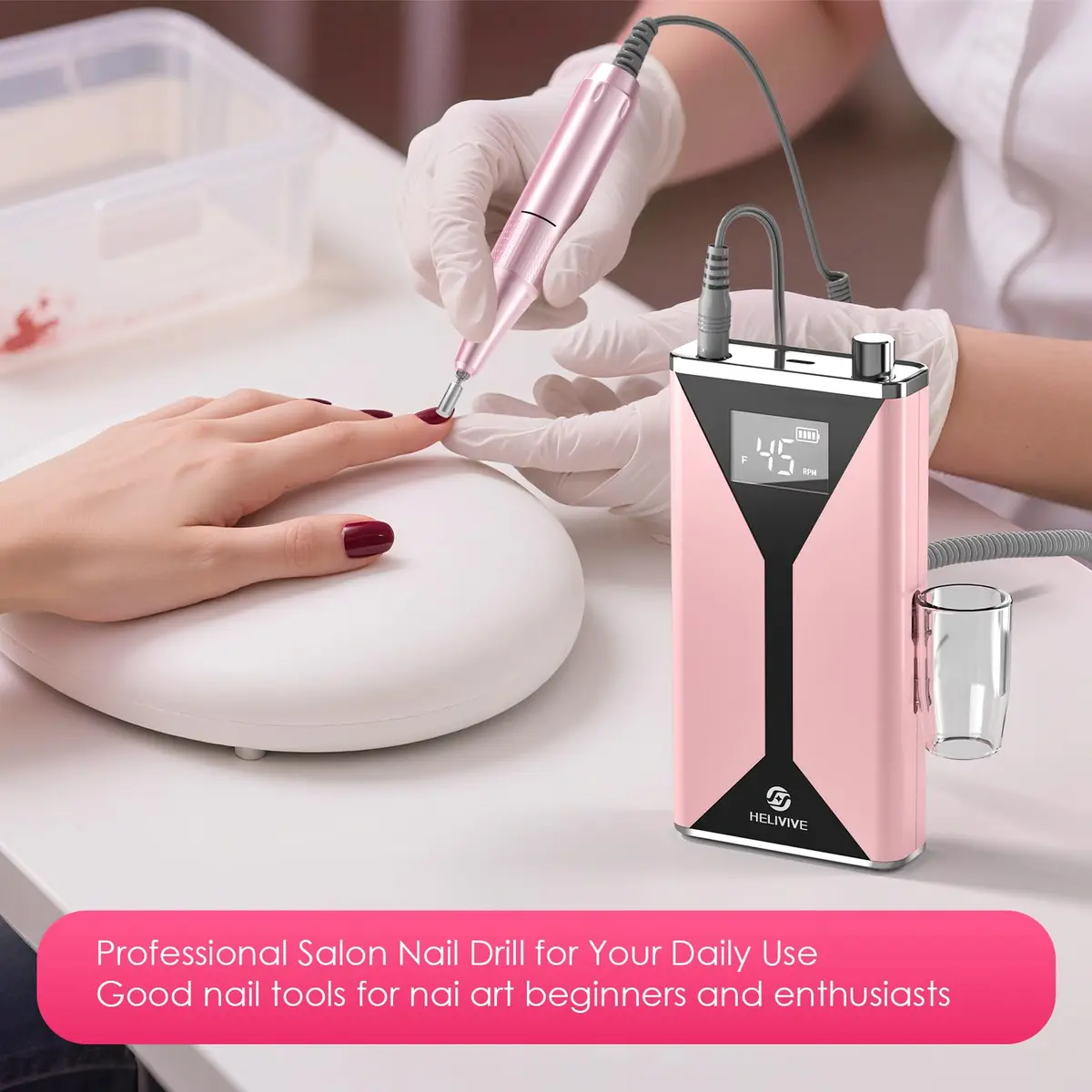 HELIVIVE Professional Electric Nail Drill 45000RPM Cordless Nail File | Portable & Rechargeable, 11 Drill Bits, for Shaping, Polishing & Removing Gel Nails for Salon Home (Pink) - view 6