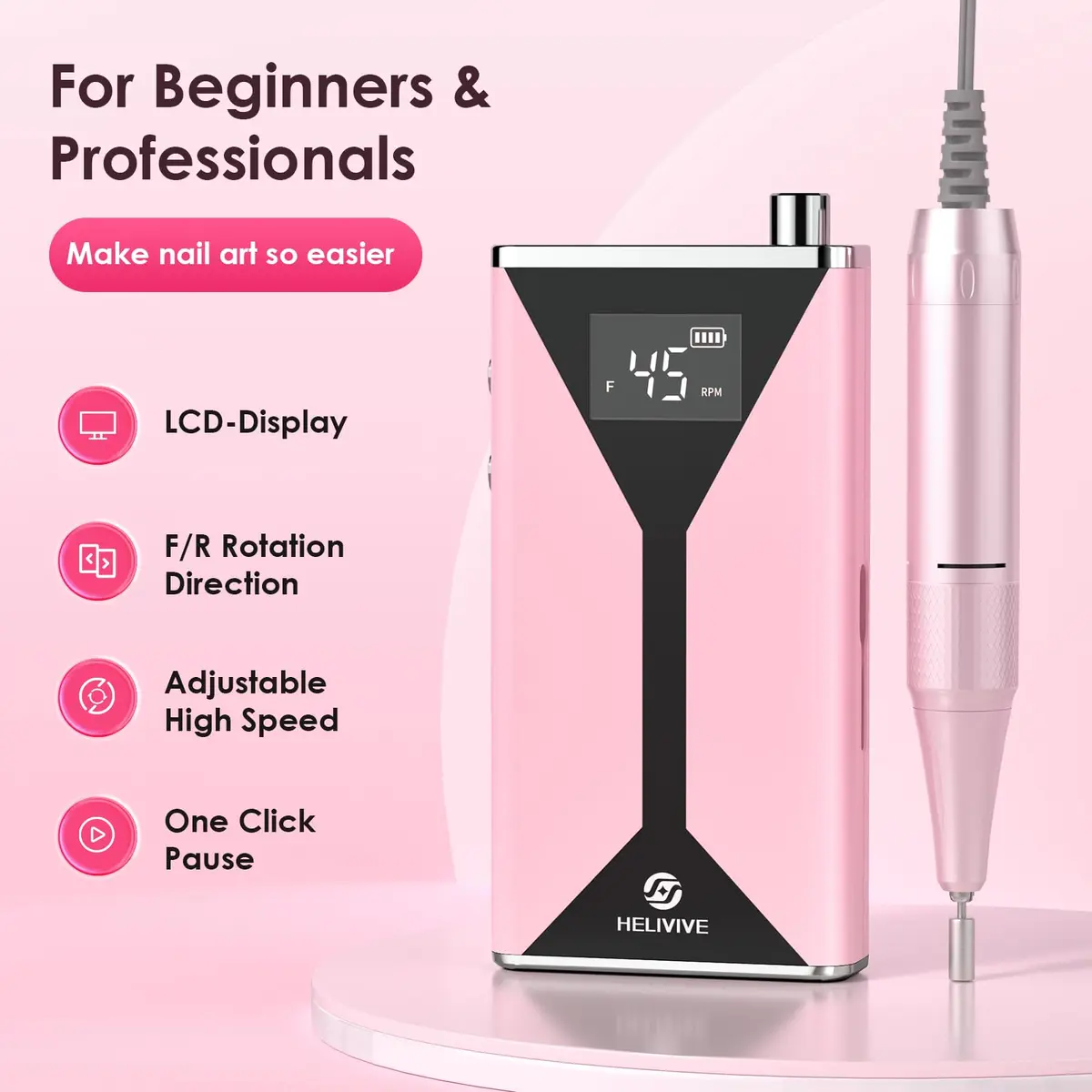 HELIVIVE Professional Electric Nail Drill 45000RPM Cordless Nail File | Portable & Rechargeable, 11 Drill Bits, for Shaping, Polishing & Removing Gel Nails for Salon Home (Pink) - view 7