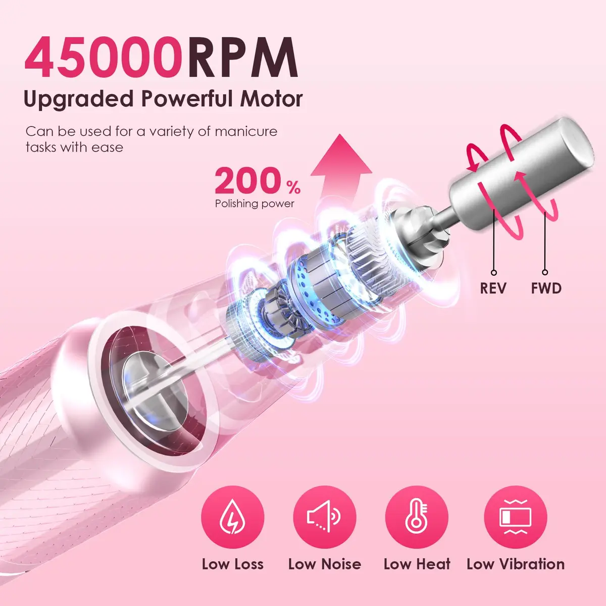 HELIVIVE Professional Electric Nail Drill 45000RPM Cordless Nail File | Portable & Rechargeable, 11 Drill Bits, for Shaping, Polishing & Removing Gel Nails for Salon Home (Pink) - view 2