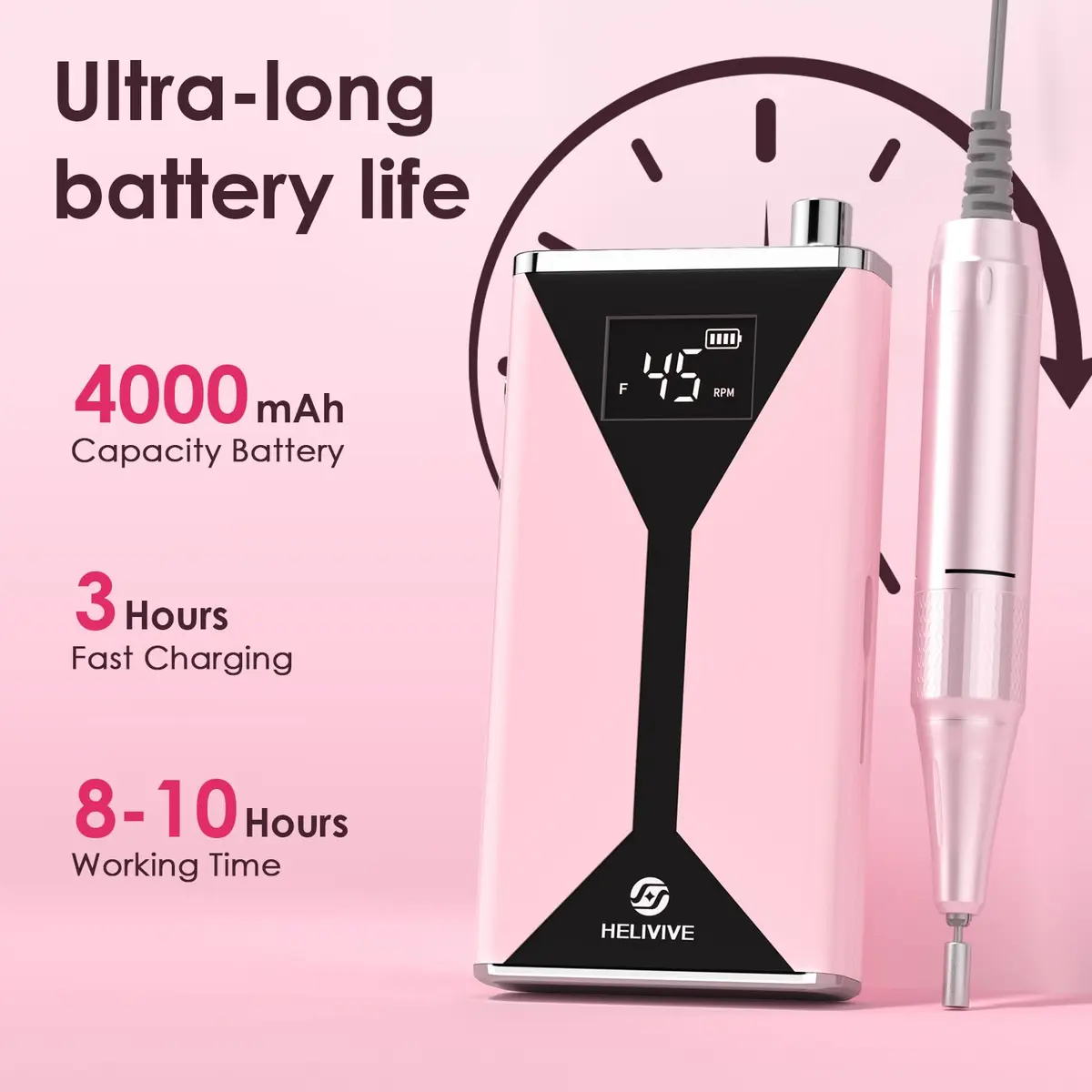 HELIVIVE Professional Electric Nail Drill 45000RPM Cordless Nail File | Portable & Rechargeable, 11 Drill Bits, for Shaping, Polishing & Removing Gel Nails for Salon Home (Pink) - view 3