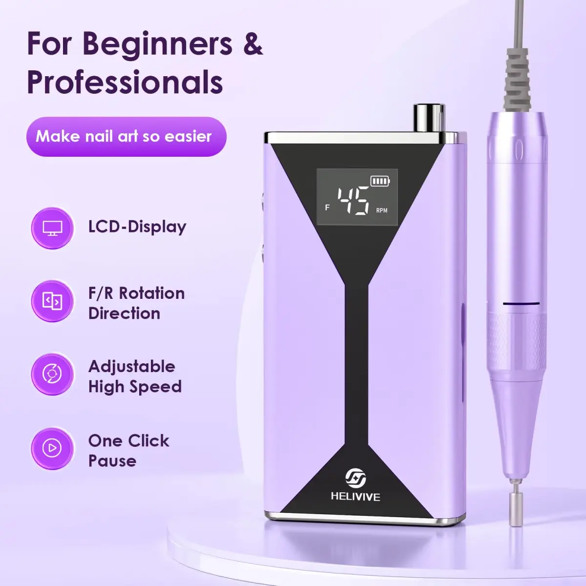 HELIVIVE Professional Electric Nail Drill 45000RPM Cordless Nail File, Purple | Upgraded Motor Boosts Polishing Efficiency 200% - view 7