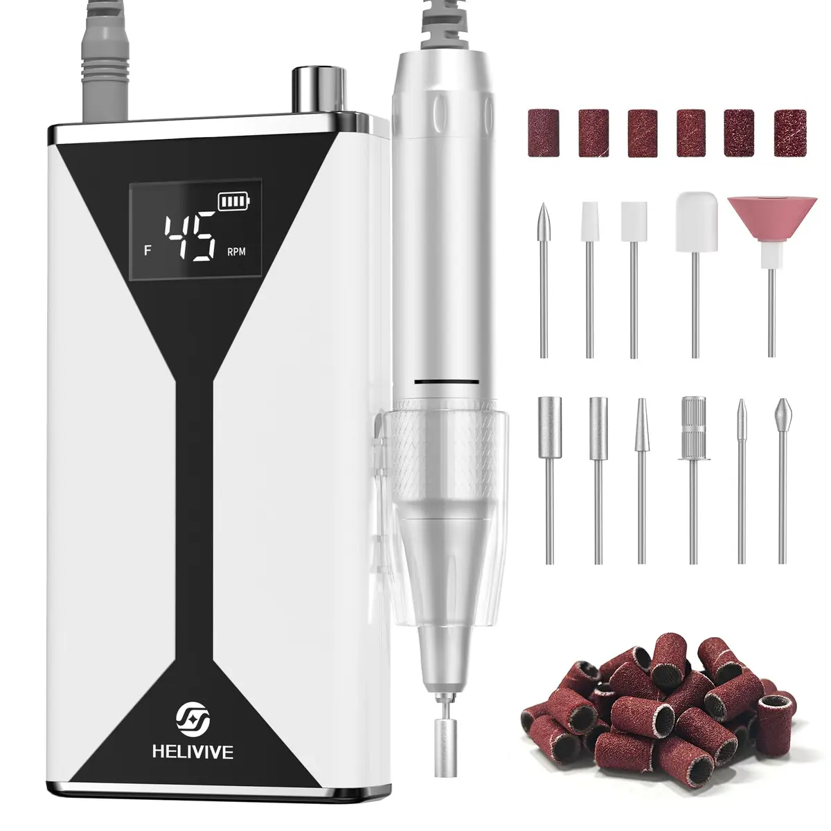 HELIVIVE Professional Cordless Electric Nail Drill 45000RPM | Aluminum Alloy Motor, Type-C Charging, 8-10 Hr Battery - main product image