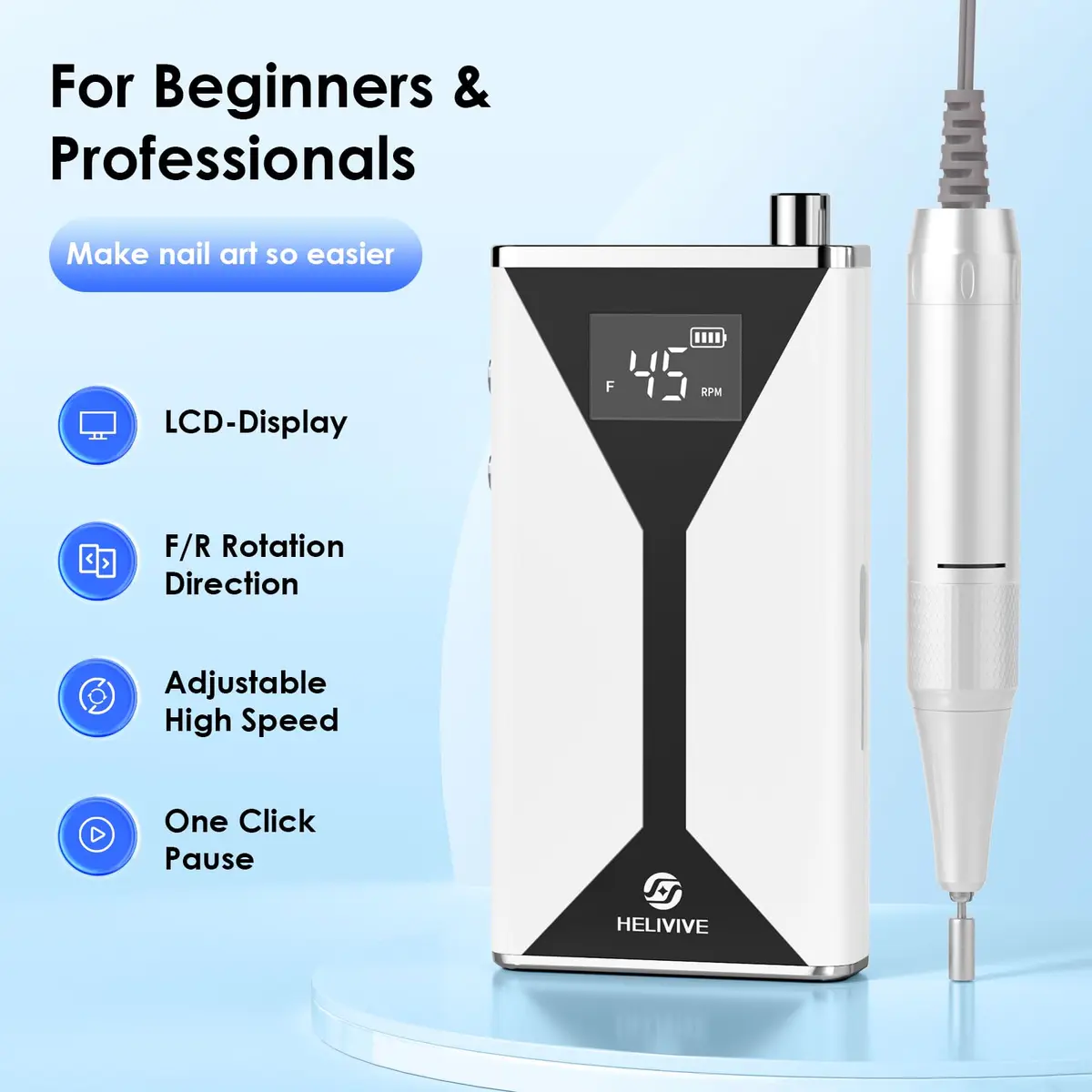 HELIVIVE Professional Cordless Electric Nail Drill 45000RPM | Aluminum Alloy Motor, Type-C Charging, 8-10 Hr Battery - view 7