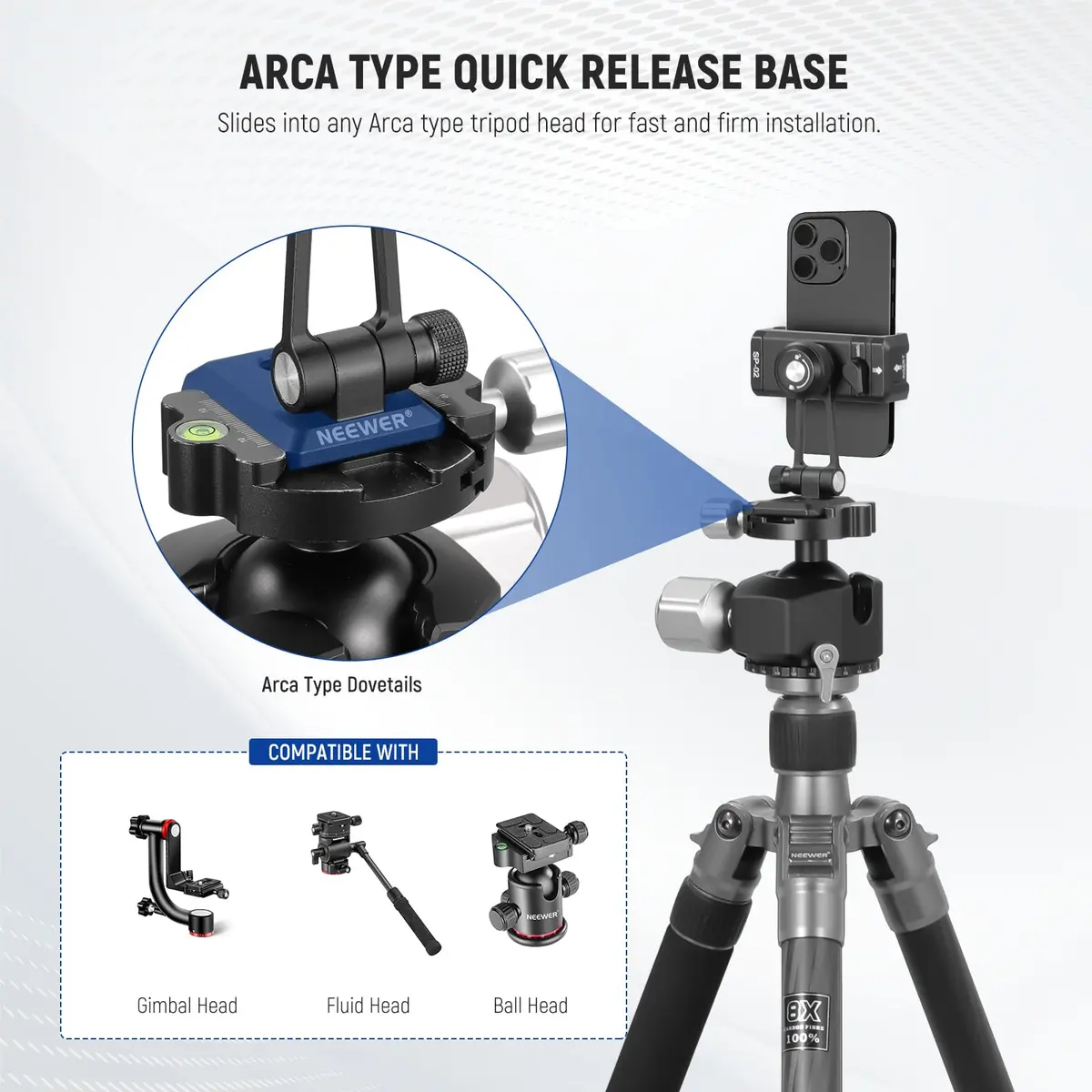 NEEWER SP-02 Phone Tripod Mount Adapter with Arca Type Plate 66-96mm | 360° Rotation, 180° Tilt, Aluminum, Black - view 5